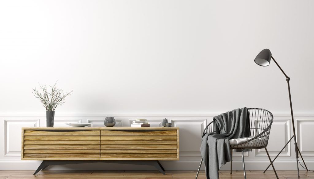 Interior of living room with armchair and wooden sideboard 3d rendering