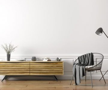 Interior of living room with armchair and wooden sideboard 3d rendering
