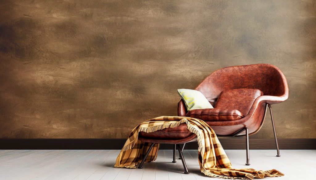 Living room dark grey interior wall mock up with cognac brown co
