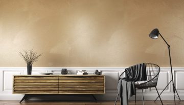 Interior of living room with armchair and wooden sideboard 3d re