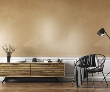 Interior of living room with armchair and wooden sideboard 3d re