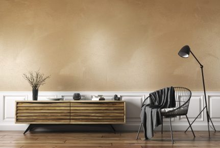 Interior of living room with armchair and wooden sideboard 3d re