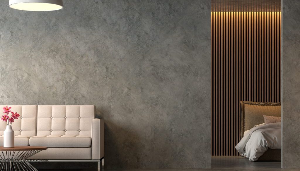 Loft style liveng room and bedroom with polished cocrete 3d render,Furnished with fabric furniture,Decorate wall with wood lattice.