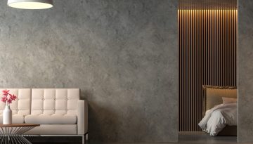 Loft style liveng room and bedroom with polished cocrete 3d render,Furnished with fabric furniture,Decorate wall with wood lattice.